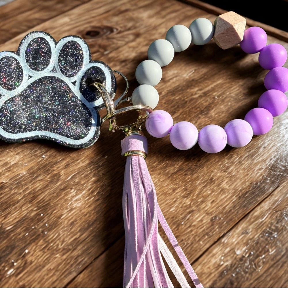Purple and Gray Paw Print Key Holder with Tassel